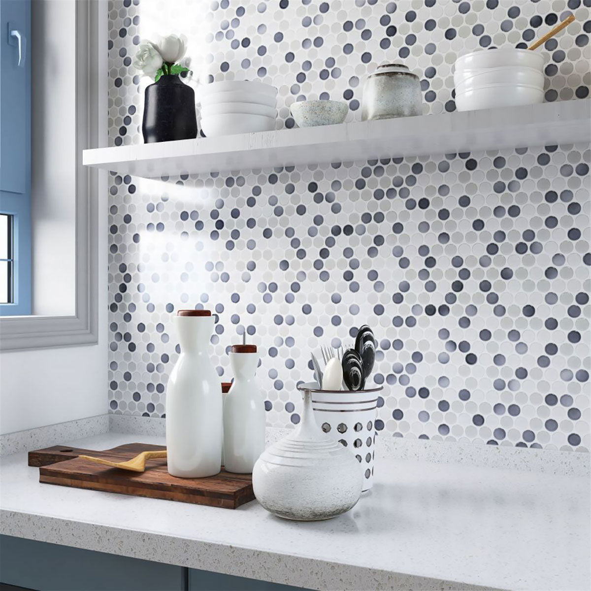 Mosaic Handmade Porcelain Penny Round - Mix Grey Glossy