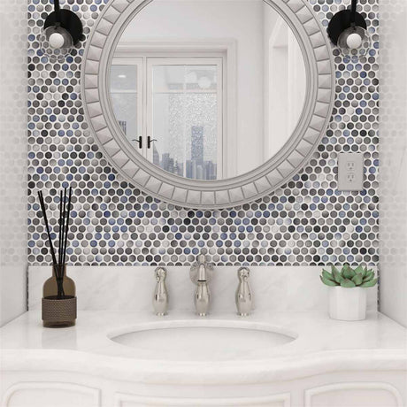 Mosaic Handmade Porcelain Penny Round - Blue Gray Glossy