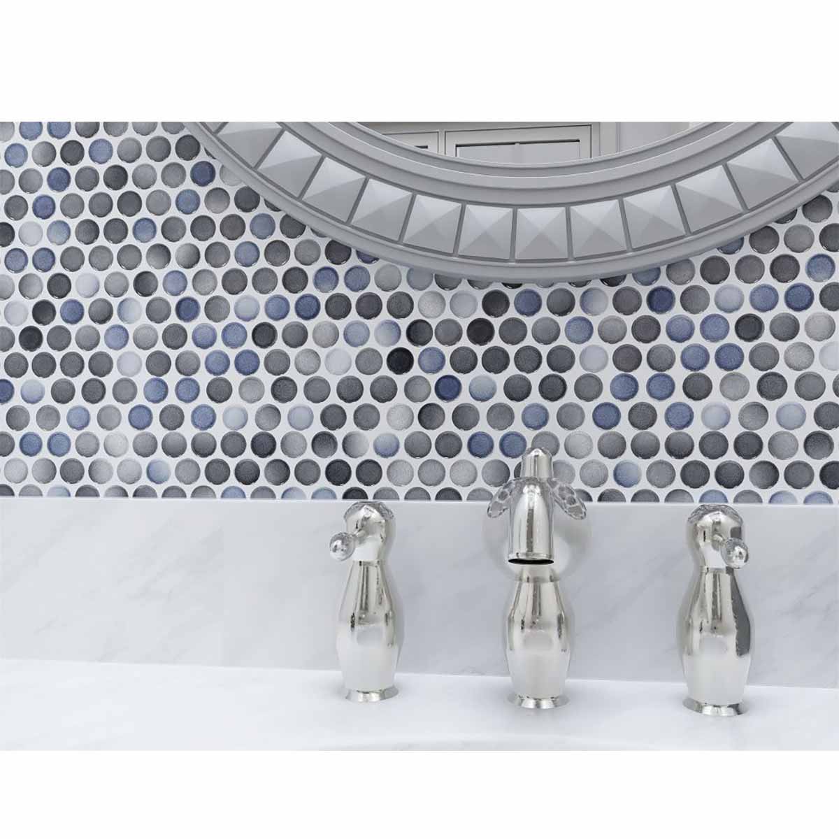 Mosaic Handmade Porcelain Penny Round - Blue Gray Glossy