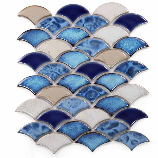 Mosaic Handmade Porcelain Tile - Fish Scale Pattern Blue