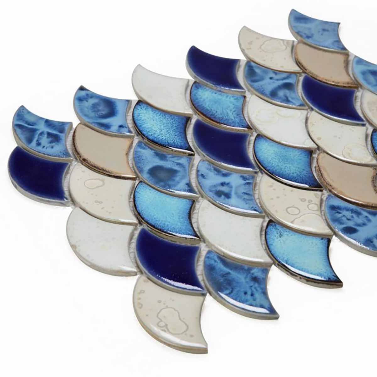 Mosaic Handmade Porcelain Tile - Fish Scale Pattern Blue