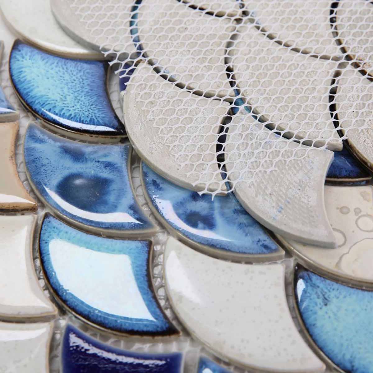 Mosaic Handmade Porcelain Tile - Fish Scale Pattern Blue