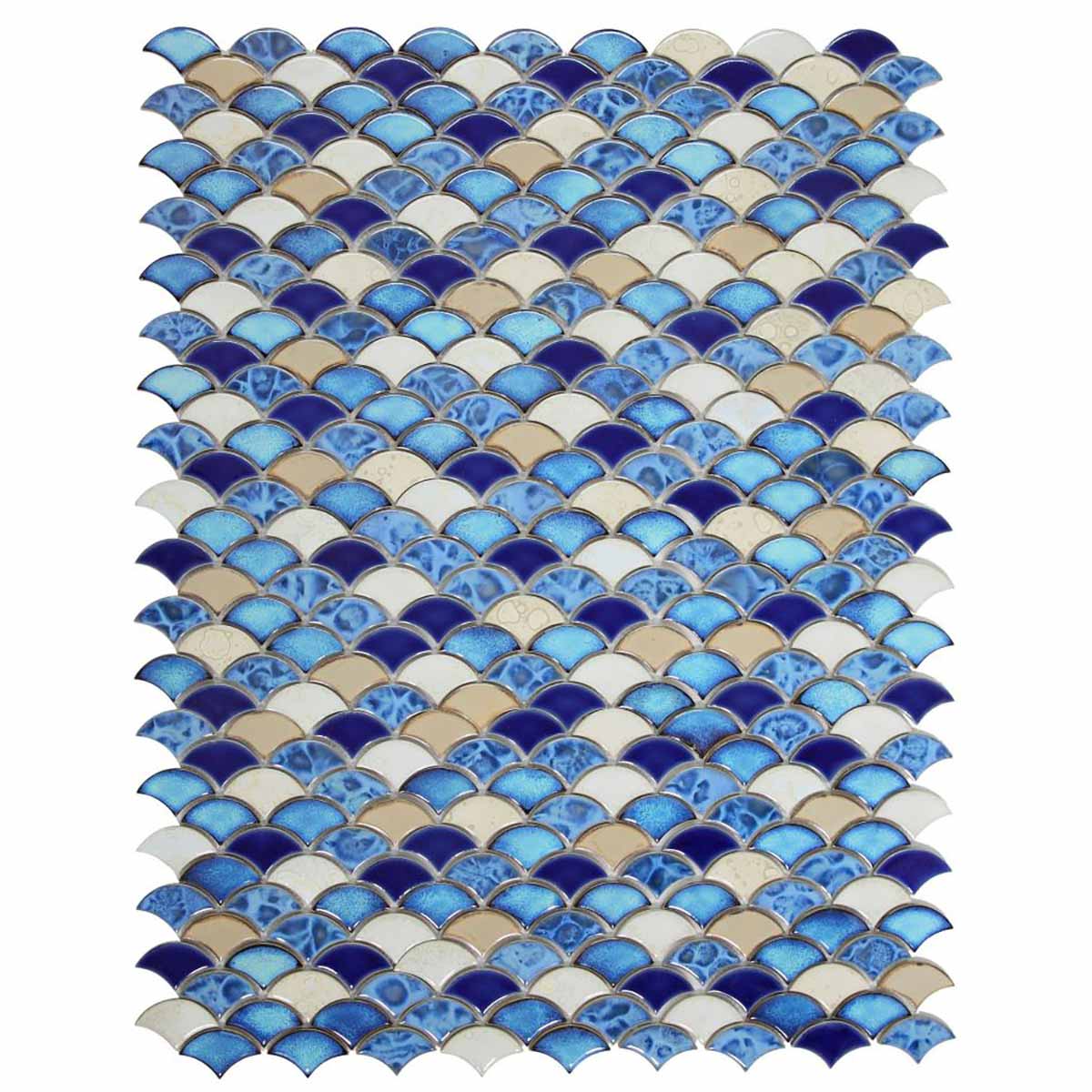Mosaic Handmade Porcelain Tile - Fish Scale Pattern Blue