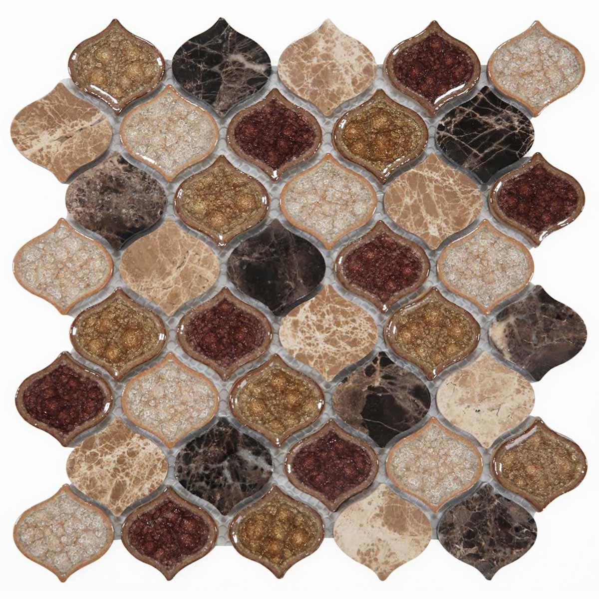 Mosaic Crackle Glass n Marble Tile Arabesque Shape - Cappuccino