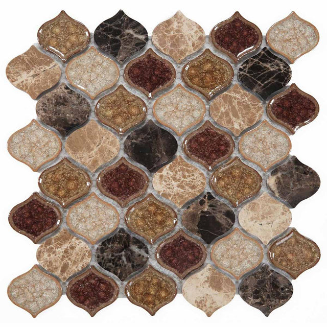 Mosaic Crackle Glass n Marble Tile Arabesque Shape - Cappuccino