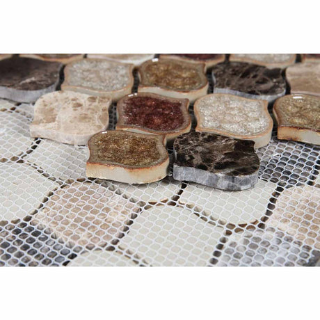 Mosaic Crackle Glass n Marble Tile Arabesque Shape - Cappuccino