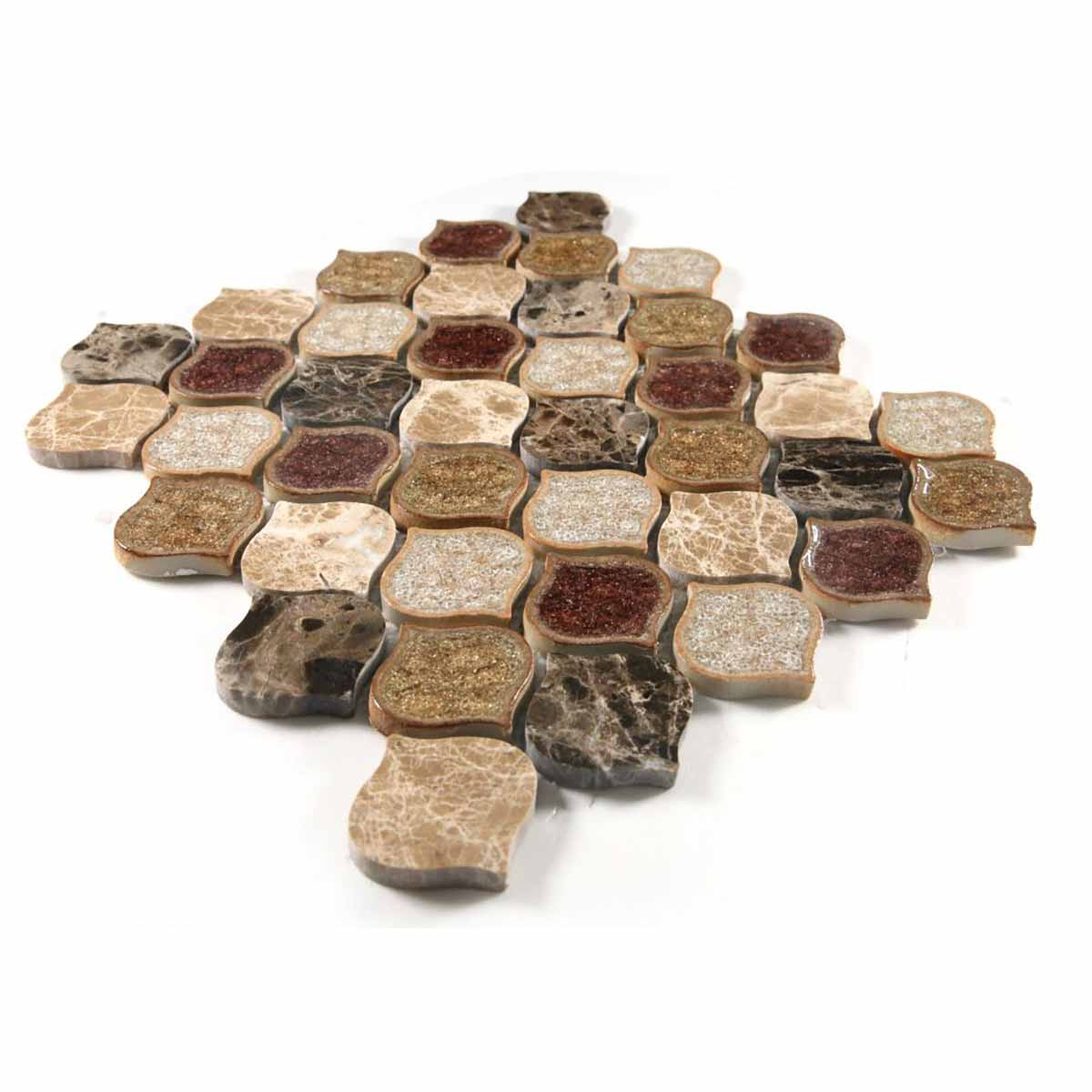 Mosaic Crackle Glass n Marble Tile Arabesque Shape - Cappuccino