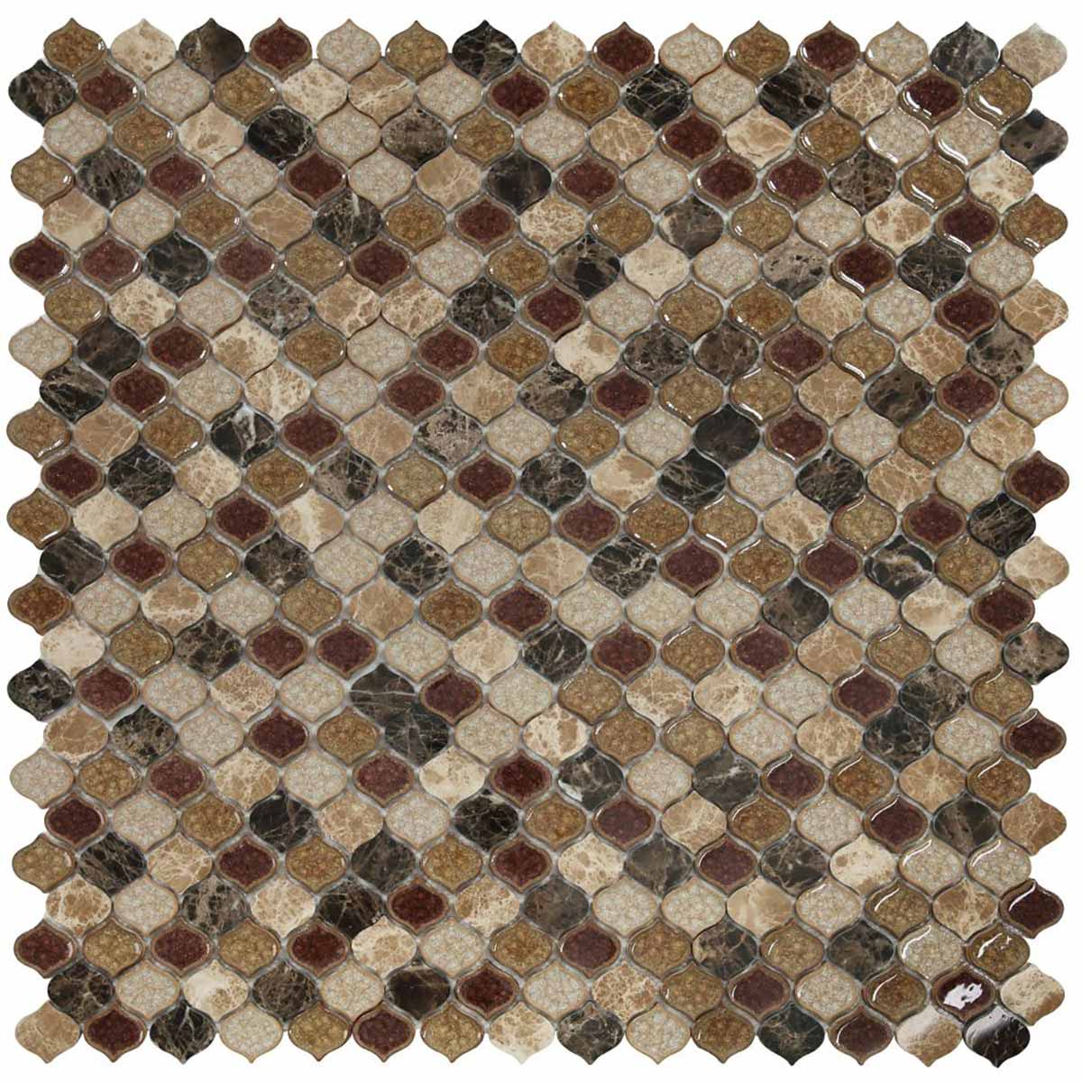 Mosaic Crackle Glass n Marble Tile Arabesque Shape - Cappuccino