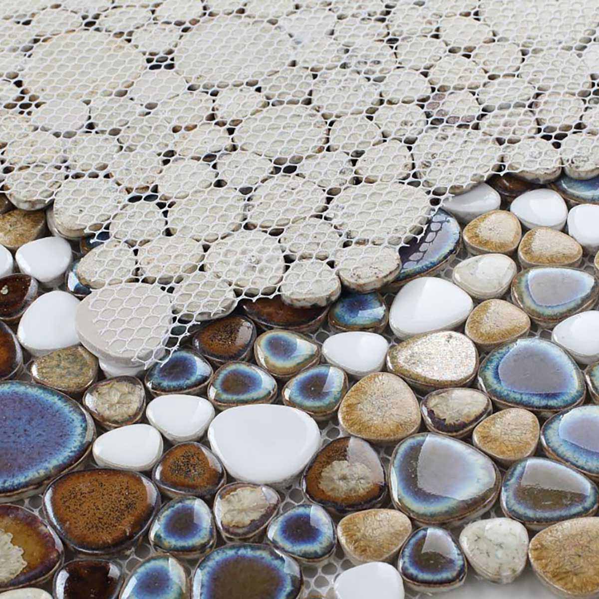 Mango handmade porcelain mosaic tile with white beige brown and blue pieces