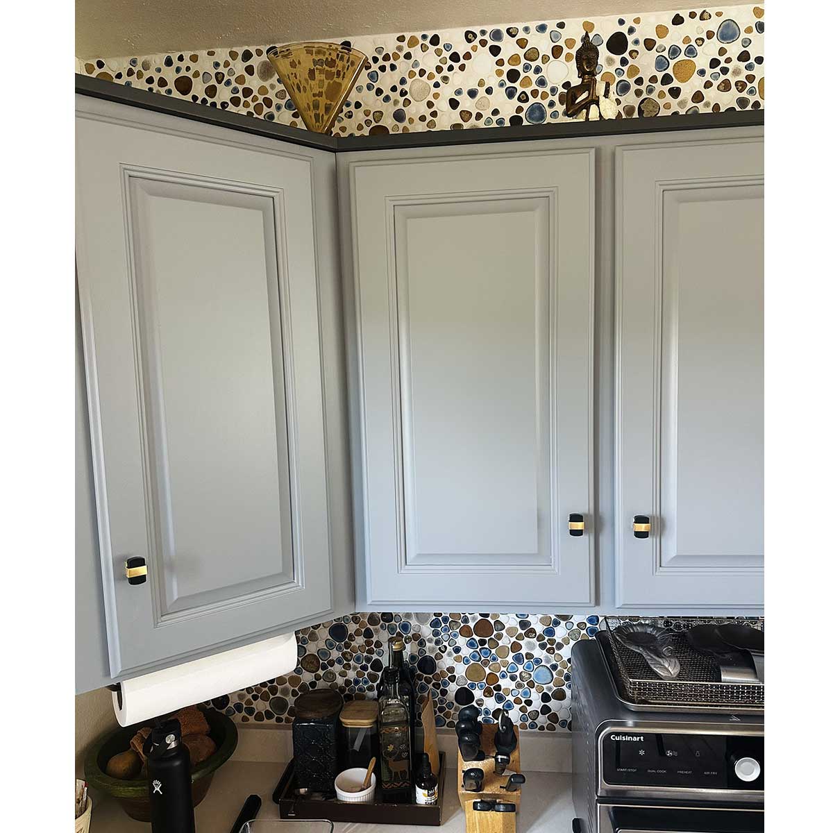 Mango handmade porcelain mosaic tile installed on kitchen backsplash