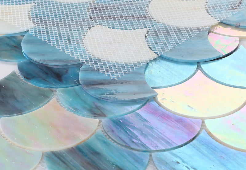 Mosaic Glass Tile Fish Scale Shape - Green Sky