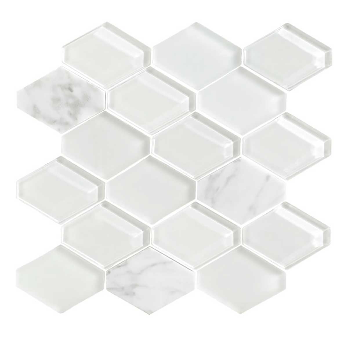 Cloud Glass and Stone Waterjet Mosaic Tile Carrara Blend