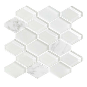 Cloud Glass and Stone Waterjet Mosaic Tile Carrara Blend