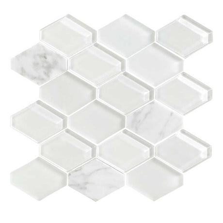 Cloud Glass and Stone Waterjet Mosaic Tile Carrara Blend