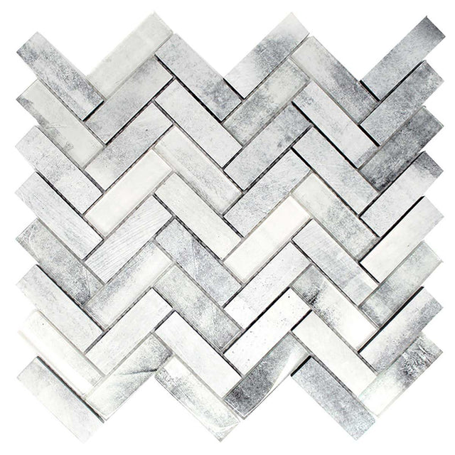 Gosford Fusion Blend Glass and Lava Rock Herringbone Mosaic Tile
