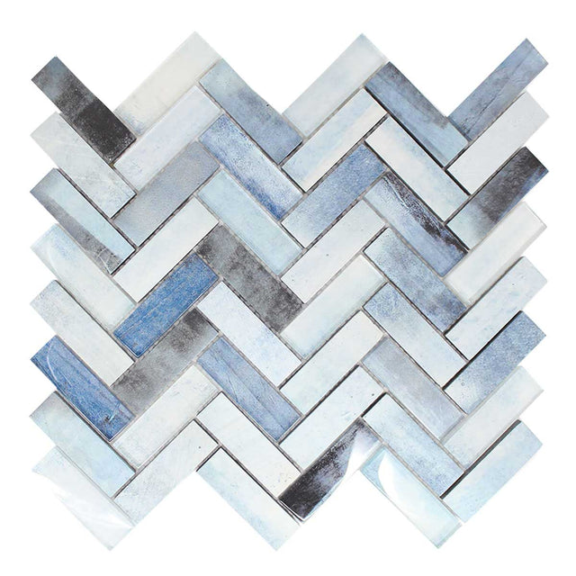 Gosford Whirl Blend Glass and Lava Rock Herringbone Mosaic Tile