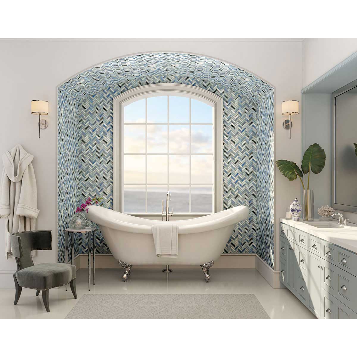 Whirl Blend Polished Glass and Honed Lava Rock Backsplash Tile