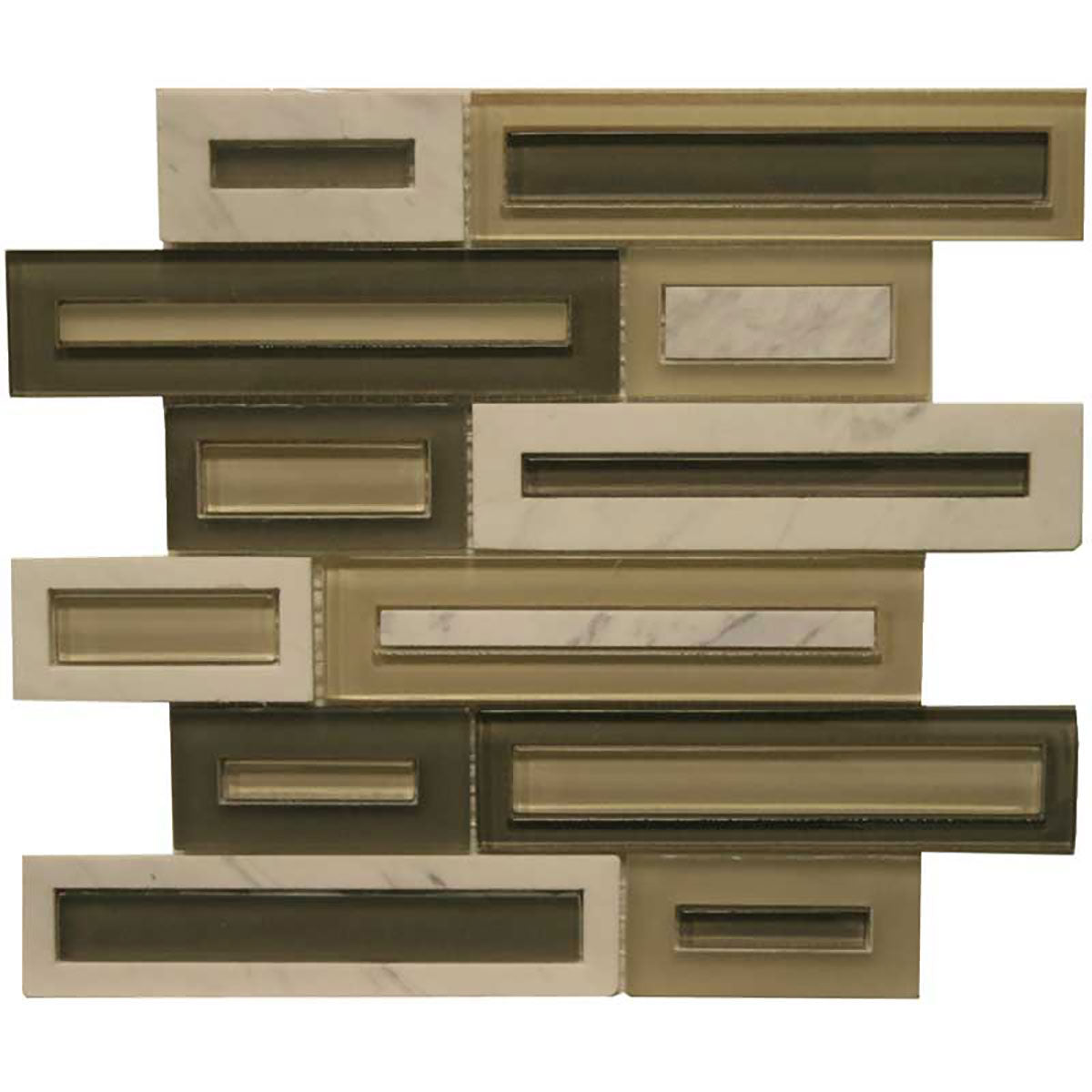 Avoca Blend glass and stone waterjet mosaic tile with marble and glass frame pattern