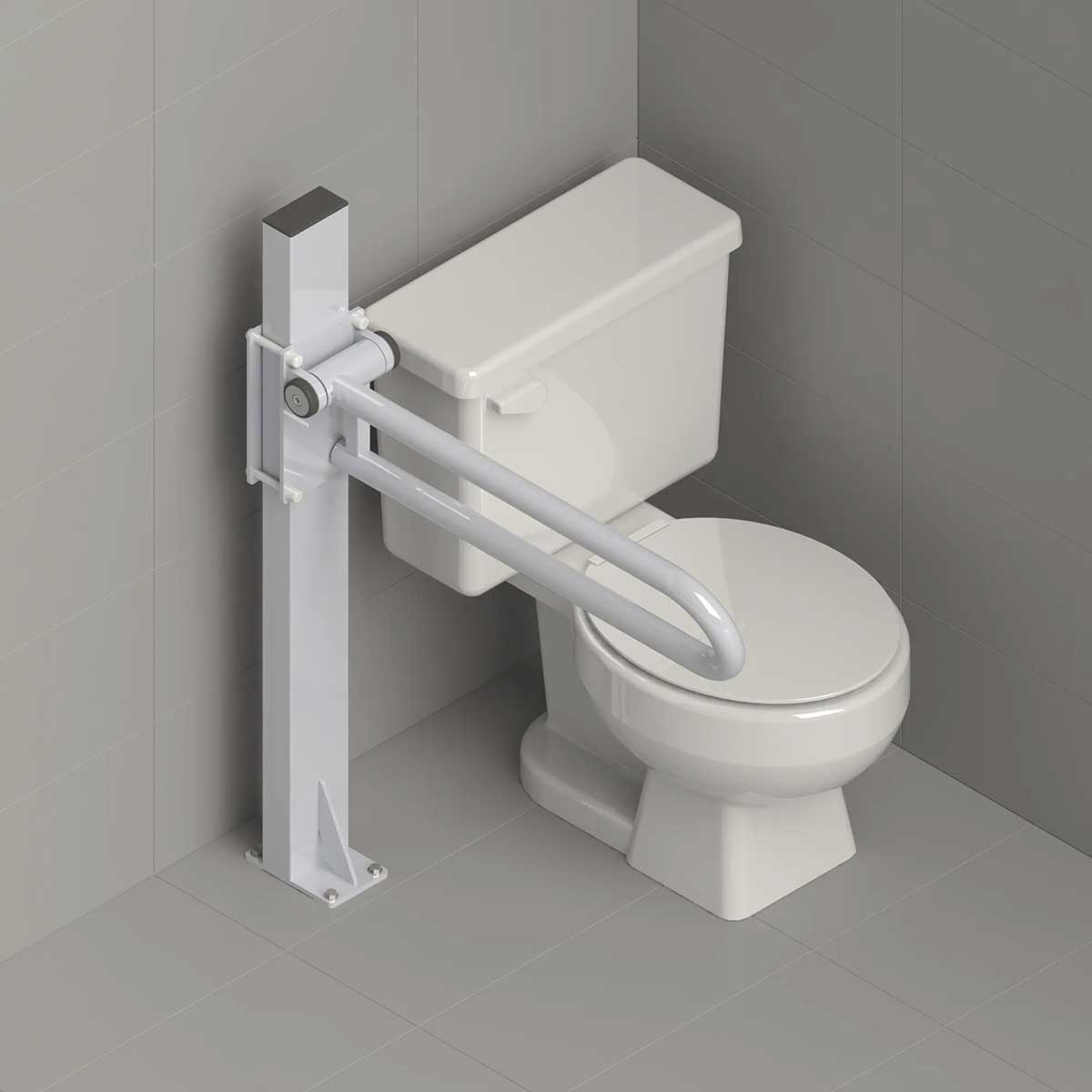 Floor mounted PT Rail support mast installed beside toilet for safer transfers