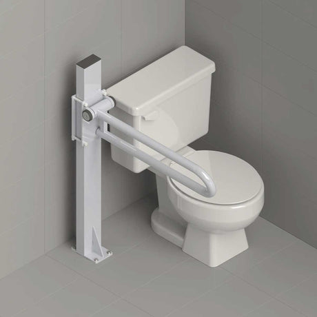 Floor mounted PT Rail support mast installed beside toilet for safer transfers