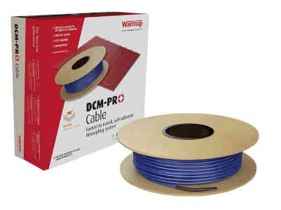 Spool of blue cable with DCM-Pro packaging on a white background