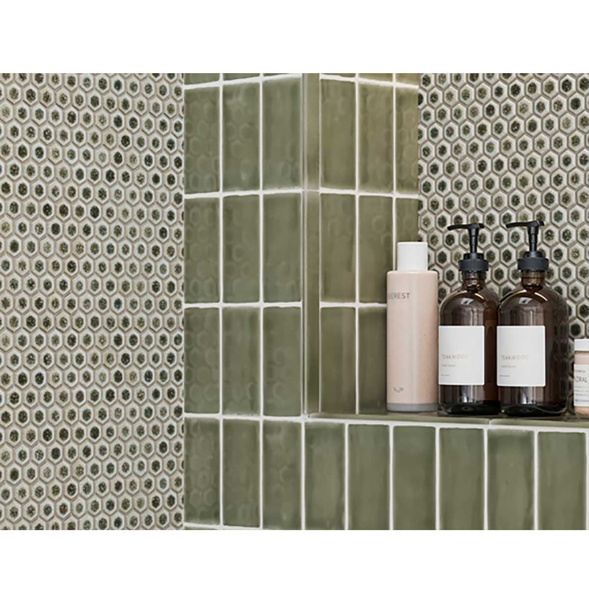 Olive green ceramic backsplash tile bringing natural warmth to a contemporary kitchen