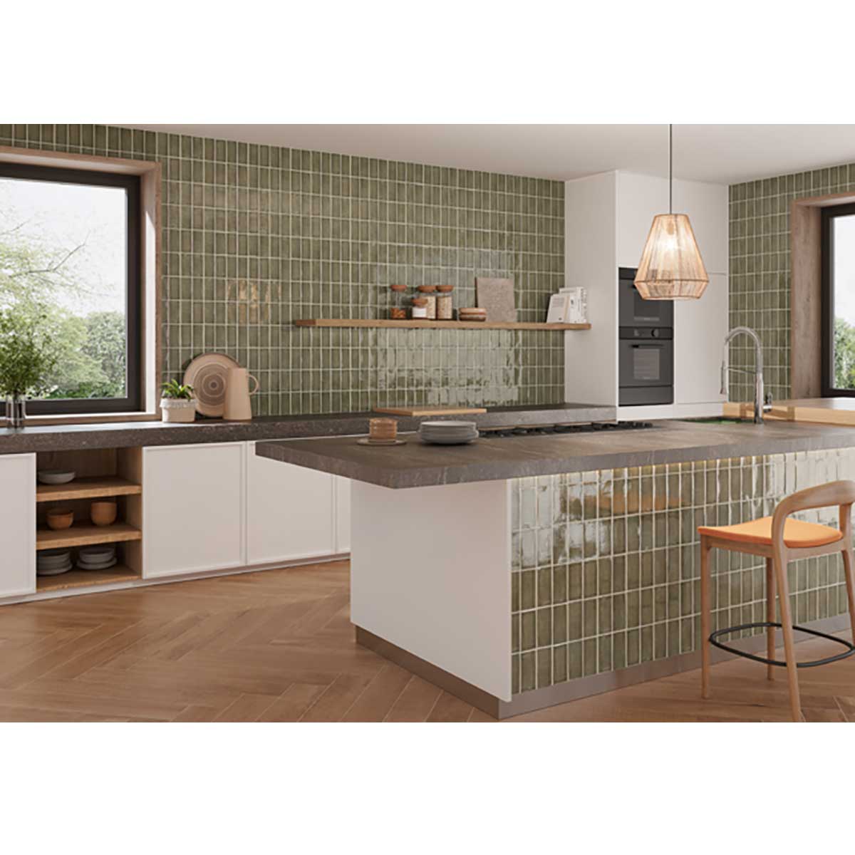 Olive green ceramic backsplash tile adding natural elegance to a modern kitchen
