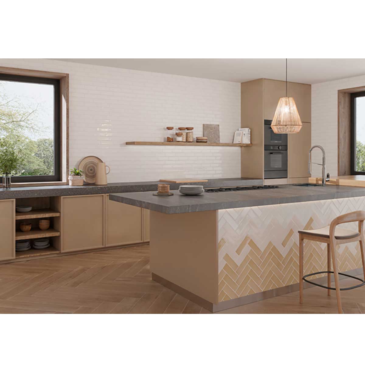 White ceramic backsplash tile creating a bright and timeless kitchen wall design