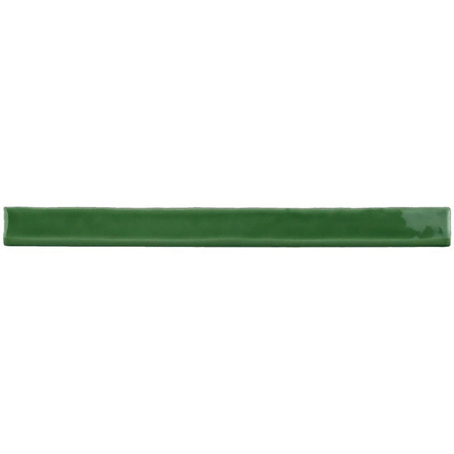 Glossy sea green ceramic bullnose trim tile with handcrafted Spanish artisan detailing