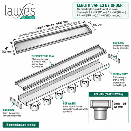 Lauxes Linear Shower Drain Technical Specifications 1 3/8 Inch Depth