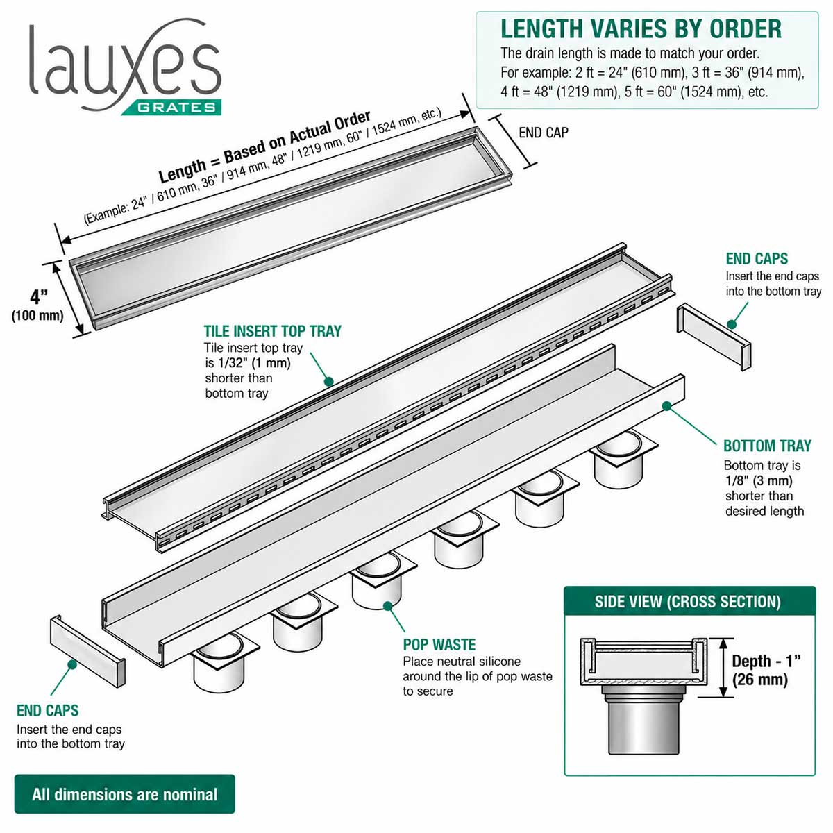 Lauxes Linear Shower Drain Technical Specifications 1 Inch Depth