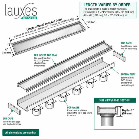 Lauxes Linear Shower Drain Technical Specifications 1 Inch Depth