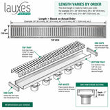 Lauxes NXT26 linear shower drain technical drawing with dimensions in inches and millimeters
