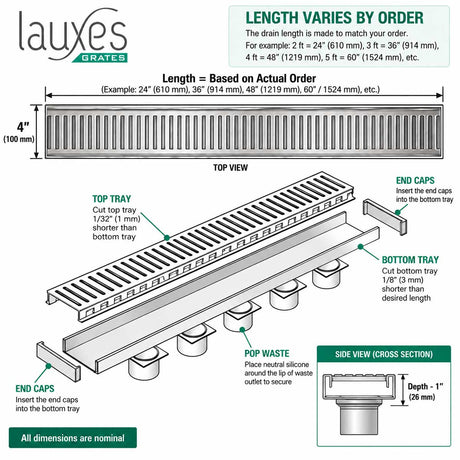 Lauxes NXT26 linear shower drain technical drawing with dimensions in inches and millimeters