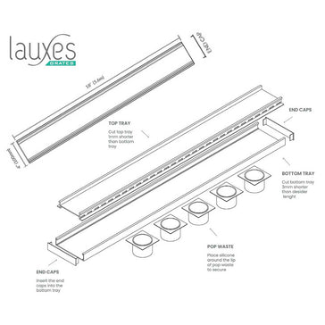 Diagram of a shower tray assembly with labeled parts and dimensions, featuring the brand 'Lauxes'.