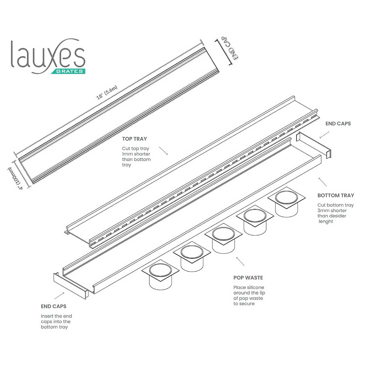 Diagram of a shower tray assembly with labeled parts and dimensions, featuring the brand 'Lauxes'.