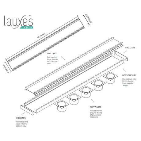 Diagram of a shower tray assembly with labeled parts and dimensions, featuring the brand 'Lauxes'.