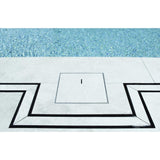 Close-up of a tiled floor with Lauxes Grates Custom shower drain Tile Insert in Midnight Black