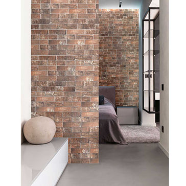 Modern rustic interior with Old Fire brick style porcelain wall tile