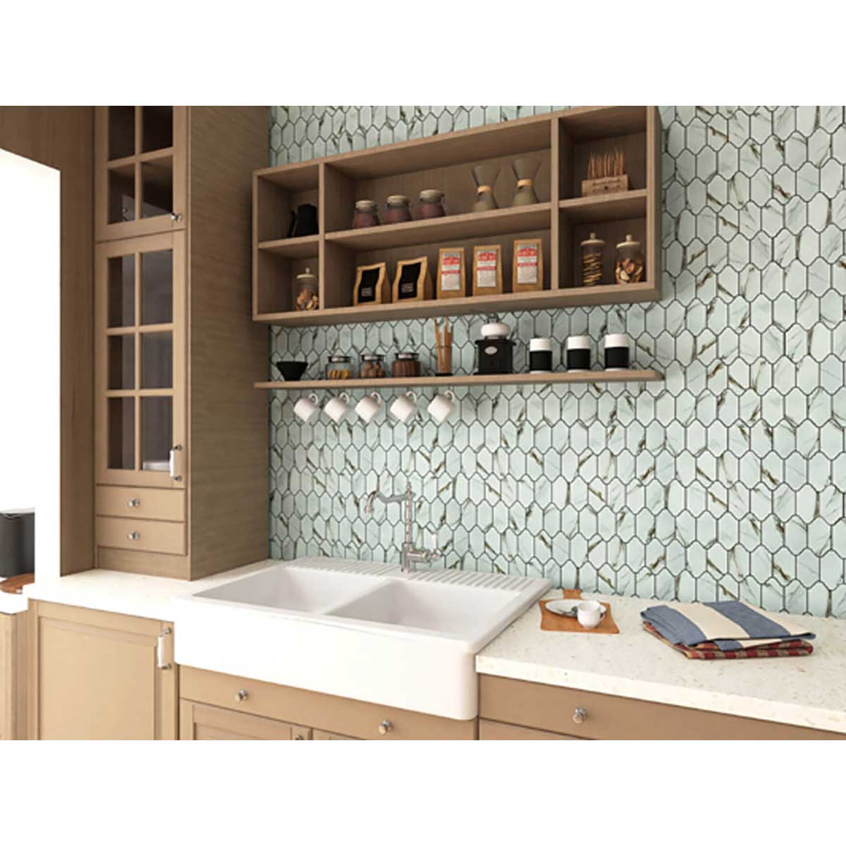 Porcelain mosaic tile for kitchen backsplash installation with White double sink