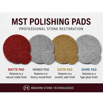 Modern Stone MST four-step diamond polishing system for restoring marble, travertine, limestone, and terrazzo surfaces.