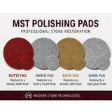 Modern Stone MST four-step diamond polishing system for restoring marble, travertine, limestone, and terrazzo surfaces.