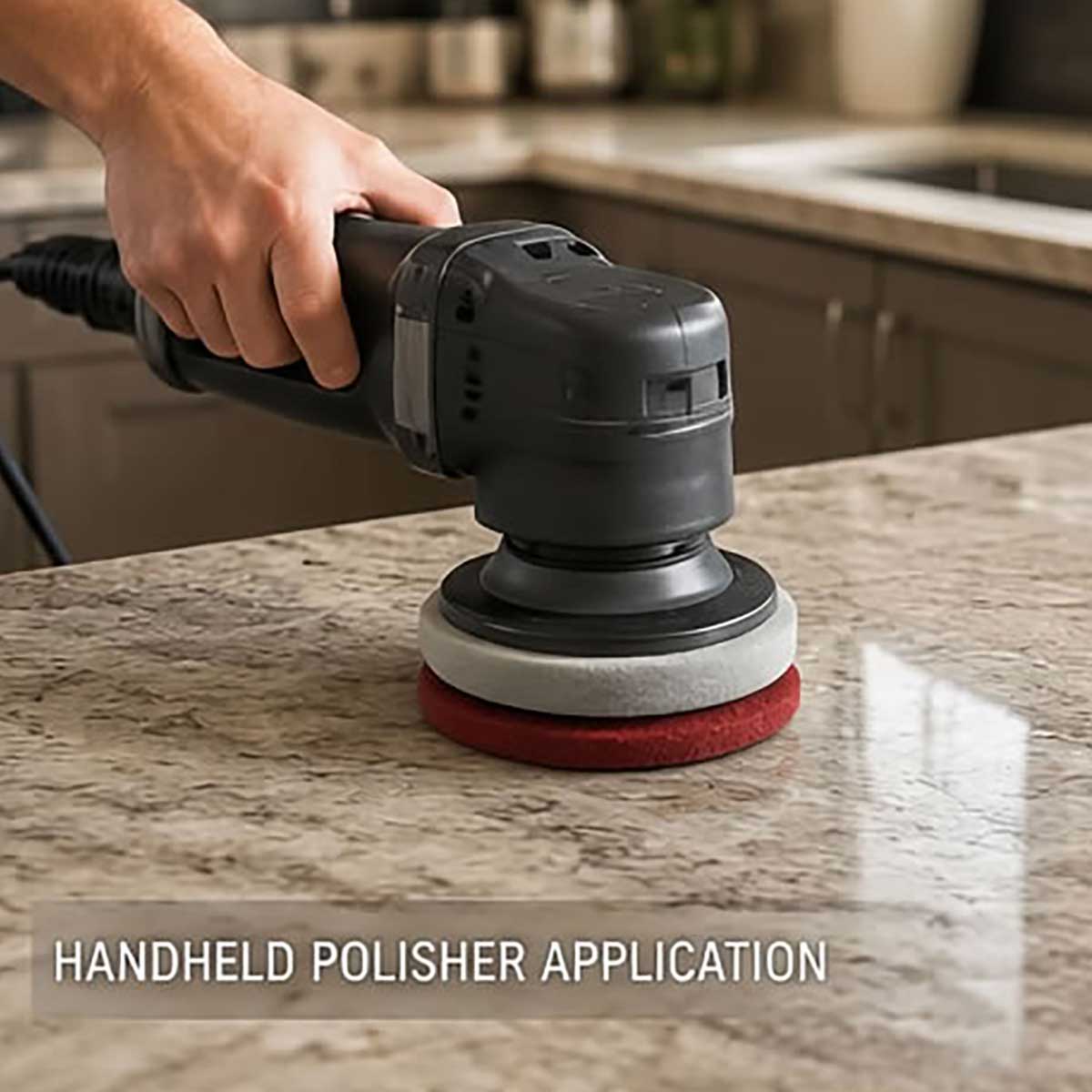 Handheld polisher restoring a marble countertop with Modern Stone MST diamond polishing pads.