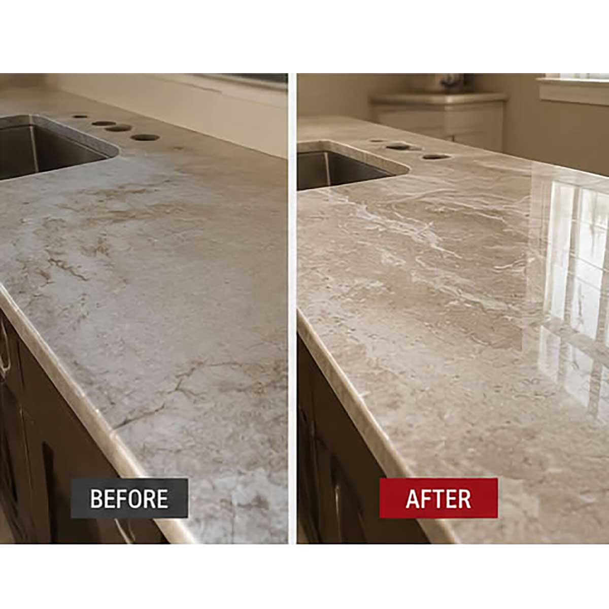 Before and after marble countertop restoration using Modern Stone MST diamond polishing pads.
