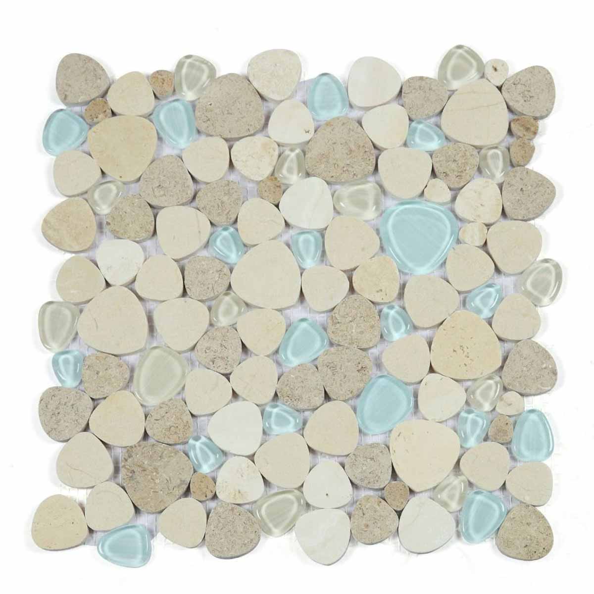 Mosaic Thassos Marble and Glass in Pebble look - Earth Blue