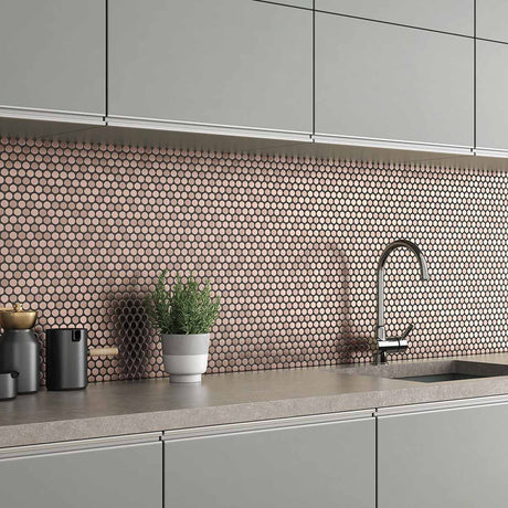 Mosaics Metal Tile Penny Round - Rose Gold Brushed