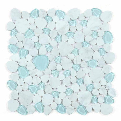 Mosaic Carrara Marble and Glass in Pebble look - Blue Sea