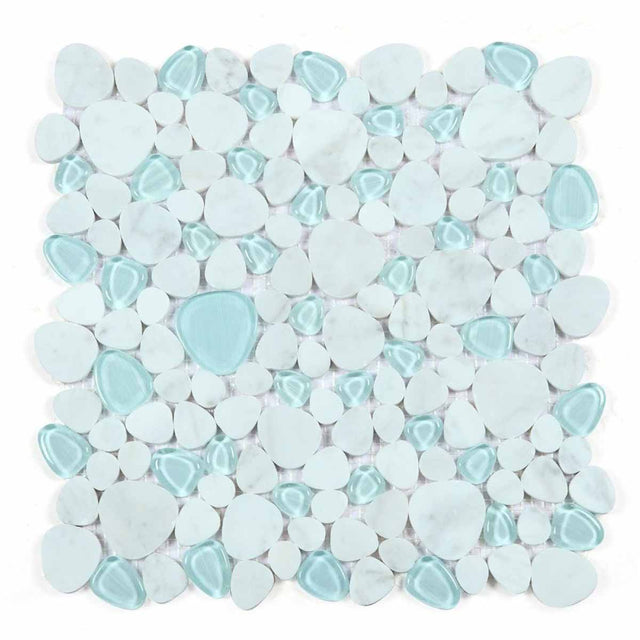 Mosaic Carrara Marble and Glass in Pebble look - Blue Sea