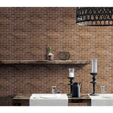 Antique Copper Metal Tile on wall with wood shelf and table set 