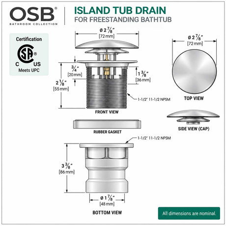 Clicker drain technical drawing with rough-in dimensions and installation measurements